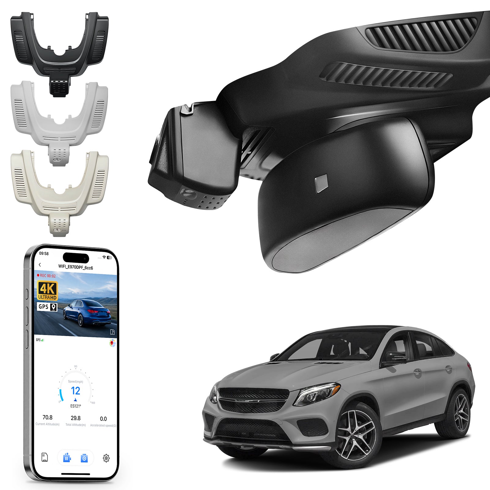 Car rearview mirror built-in dash cam with smartphone app control, 4K Ultra HD recording, GPS tracking and Mercedes-Benz GLE models in the background.