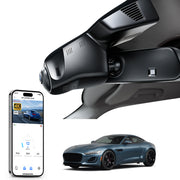 Car rearview mirror built-in dash cam with smartphone app control, 4K Ultra HD recording, GPS tracking and Jaguar F-Type models in the background.