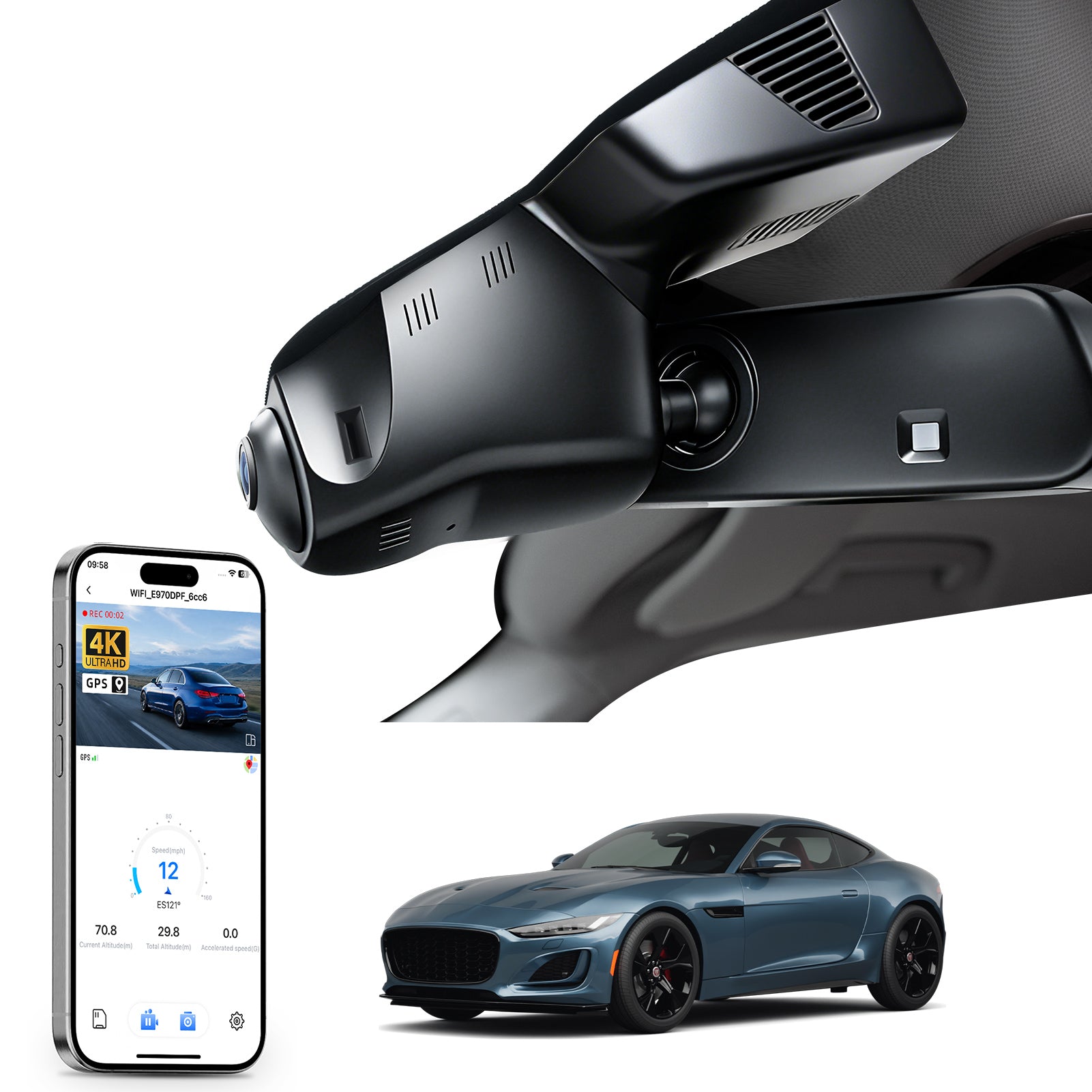 Car rearview mirror built-in dash cam with smartphone app control, 4K Ultra HD recording, GPS tracking and Jaguar F-Type models in the background.