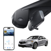 Mangoal rearview mirror built-in dash cam with smartphone app control, 4K Ultra HD recording, GPS tracking, and   Acura Integra Black models in the background.