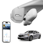 Mangoal rearview mirror built-in dash cam with smartphone app control, 4K Ultra HD recording, GPS tracking, and Acura Integra Gray models in the background.