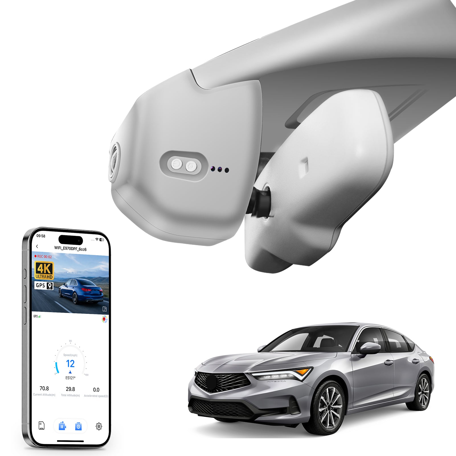 Mangoal rearview mirror built-in dash cam with smartphone app control, 4K Ultra HD recording, GPS tracking, and Acura Integra Gray models in the background.
