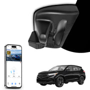 Mangoal rearview mirror built-in dash cam with smartphone app control, 4K Ultra HD recording, GPS tracking, and  Acura RDX models in the background.