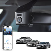 Mangoal rearview mirror built-in dash cam with smartphone app control, 4K Ultra HD recording, GPS tracking, and Audi-Black models in the background.