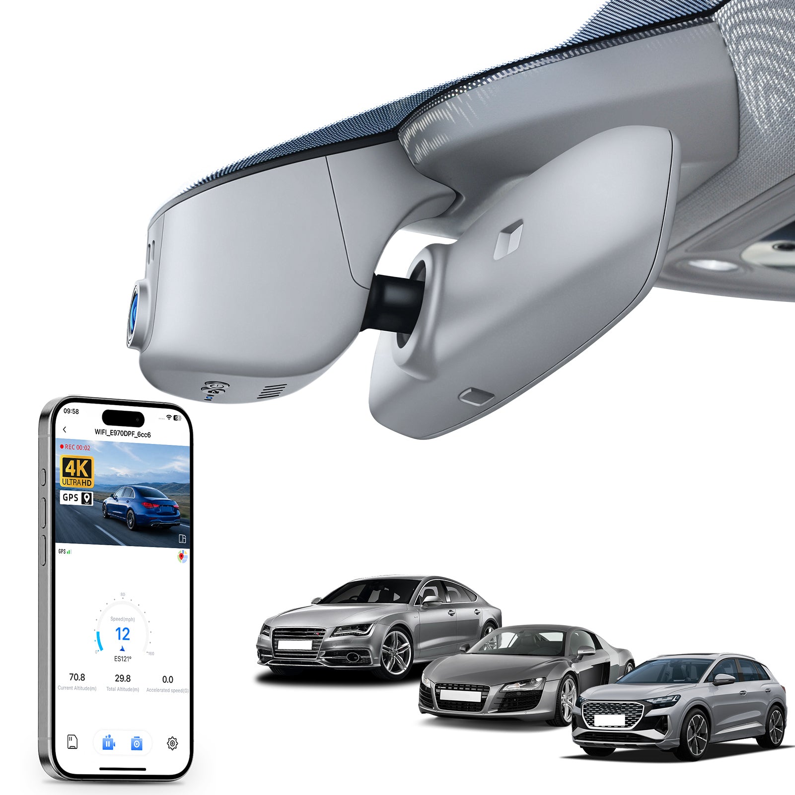 Mangoal rearview mirror built-in dash cam with smartphone app control, 4K Ultra HD recording, GPS tracking, and Audi Gray models in the background.