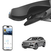 Mangoal rearview mirror built-in dash cam with smartphone app control, 4K Ultra HD recording, GPS tracking, and Audi Q4 e-tron models in the background.