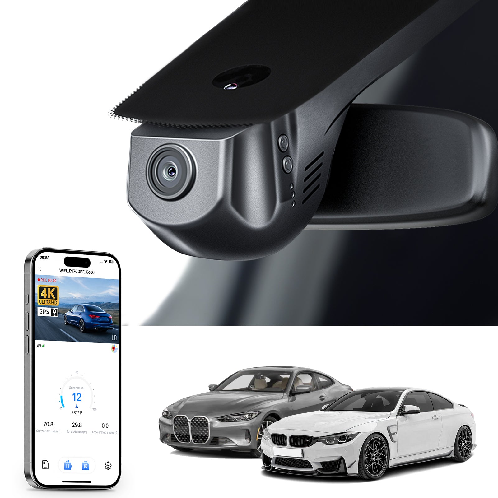 Mangoal rearview mirror built-in dash cam with smartphone app control, 4K Ultra HD recording, GPS tracking, and BMW 4 Series Gen1 models in the background.