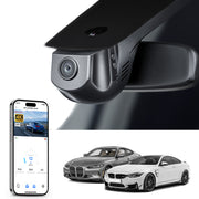 Mangoal rearview mirror built-in dash cam with smartphone app control, 4K Ultra HD recording, GPS tracking, and BMW 4 Series Gen1 models in the background.
