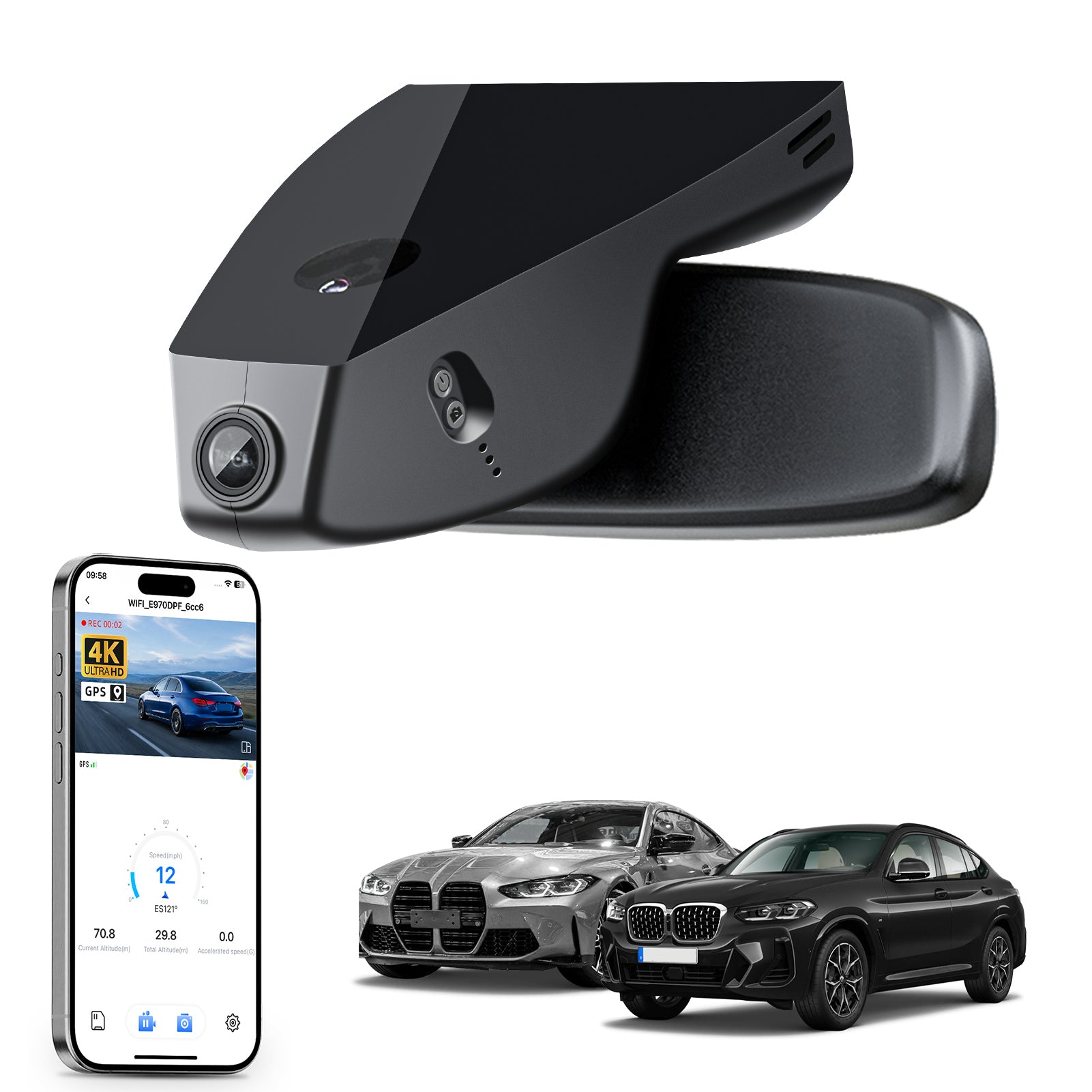 Mangoal rearview mirror built-in dash cam with smartphone app control, 4K Ultra HD recording, GPS tracking, and BMW 4 Series Gen2 models in the background.