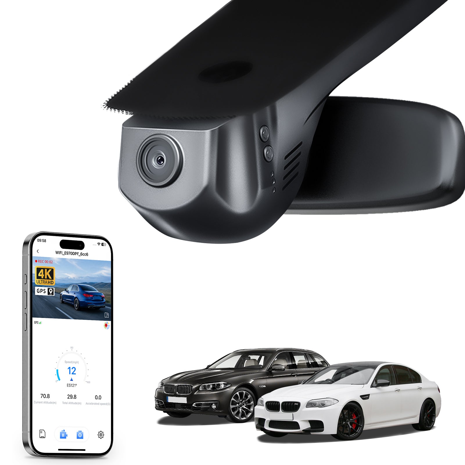 Mangoal rearview mirror built-in dash cam with smartphone app control, 4K Ultra HD recording, GPS tracking, and BMW 5 Series Gen6 models in the background.
