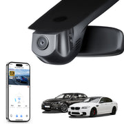 Mangoal rearview mirror built-in dash cam with smartphone app control, 4K Ultra HD recording, GPS tracking, and BMW 5 Series Gen6 models in the background.