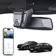 Mangoal rearview mirror built-in dash cam with smartphone app control, 4K Ultra HD recording, GPS tracking, and BMW 5 Series Gen7 models in the background.