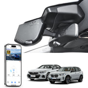 Mangoal rearview mirror built-in dash cam with smartphone app control, 4K Ultra HD recording, GPS tracking, and BMW 5 Series Gen8 models in the background.