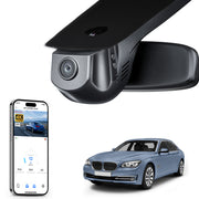 Mangoal rearview mirror built-in dash cam with smartphone app control, 4K Ultra HD recording, GPS tracking, and BMW 7 Series Gen5 models in the background.