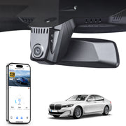 Mangoal rearview mirror built-in dash cam with smartphone app control, 4K Ultra HD recording, GPS tracking, and BMW 7 Series Gen6 models in the background.