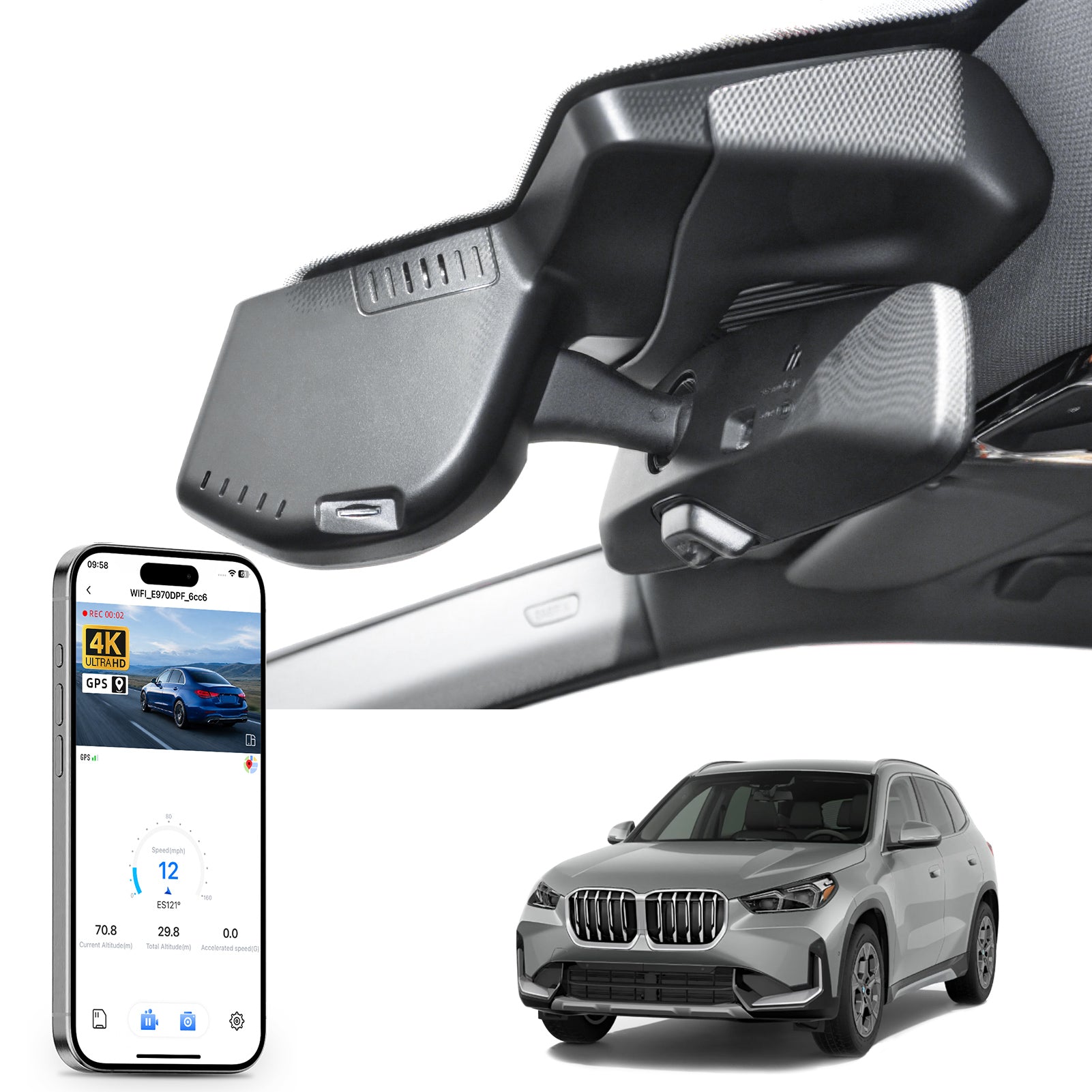 Mangoal rearview mirror built-in dash cam with smartphone app control, 4K Ultra HD recording, GPS tracking, and BMW X1 Gen3 models in the background.