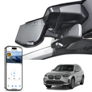 Mangoal rearview mirror built-in dash cam with smartphone app control, 4K Ultra HD recording, GPS tracking, and BMW X1 Gen3 models in the background.
