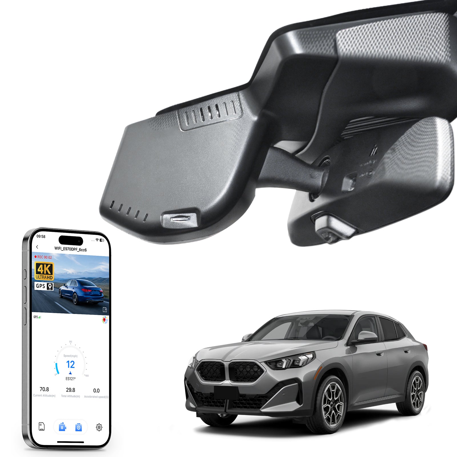 Mangoal rearview mirror built-in dash cam with smartphone app control, 4K Ultra HD recording, GPS tracking, and BMW X2 Gen2 models in the background.
