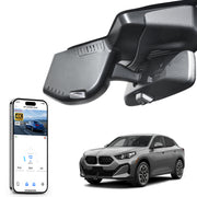 Mangoal rearview mirror built-in dash cam with smartphone app control, 4K Ultra HD recording, GPS tracking, and BMW X2 Gen2 models in the background.