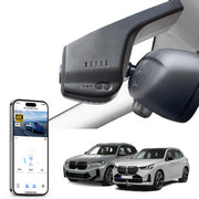 Mangoal rearview mirror built-in dash cam with smartphone app control, 4K Ultra HD recording, GPS tracking, and BMW X3 Gen3 models in the background.