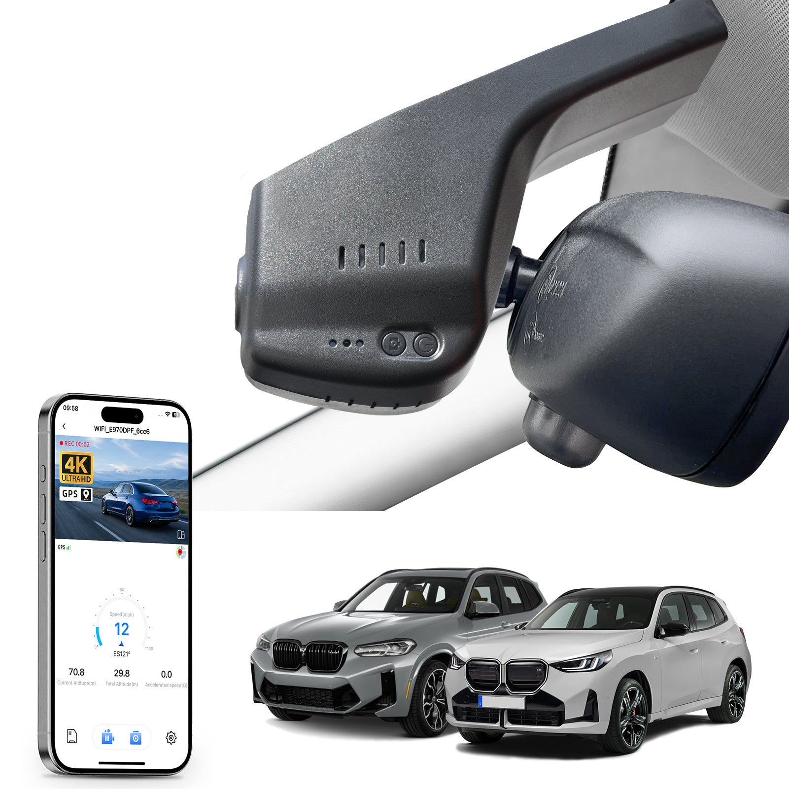 Mangoal rearview mirror built-in dash cam with smartphone app control, 4K Ultra HD recording, GPS tracking, and BMW X3 Gen3 models in the background.