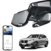 Mangoal rearview mirror built-in dash cam with smartphone app control, 4K Ultra HD recording, GPS tracking, and BMW X3 Gen4 models in the background.