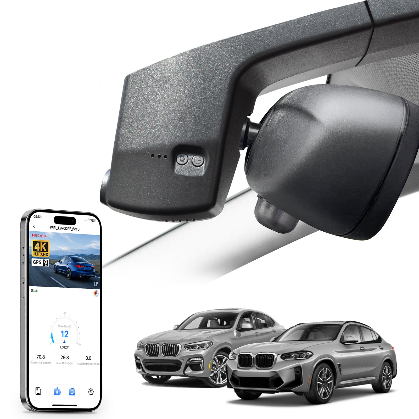 Mangoal rearview mirror built-in dash cam with smartphone app control, 4K Ultra HD recording, GPS tracking, and BMW X4 Gen2 models in the background.