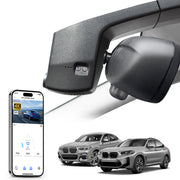 Mangoal rearview mirror built-in dash cam with smartphone app control, 4K Ultra HD recording, GPS tracking, and BMW X4 Gen2 models in the background.
