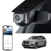 Mangoal rearview mirror built-in dash cam with smartphone app control, 4K Ultra HD recording, GPS tracking, and BMW X5 Gen3 models in the background.