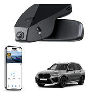 Mangoal rearview mirror built-in dash cam with smartphone app control, 4K Ultra HD recording, GPS tracking, and BMW X5 Gen4 models in the background.