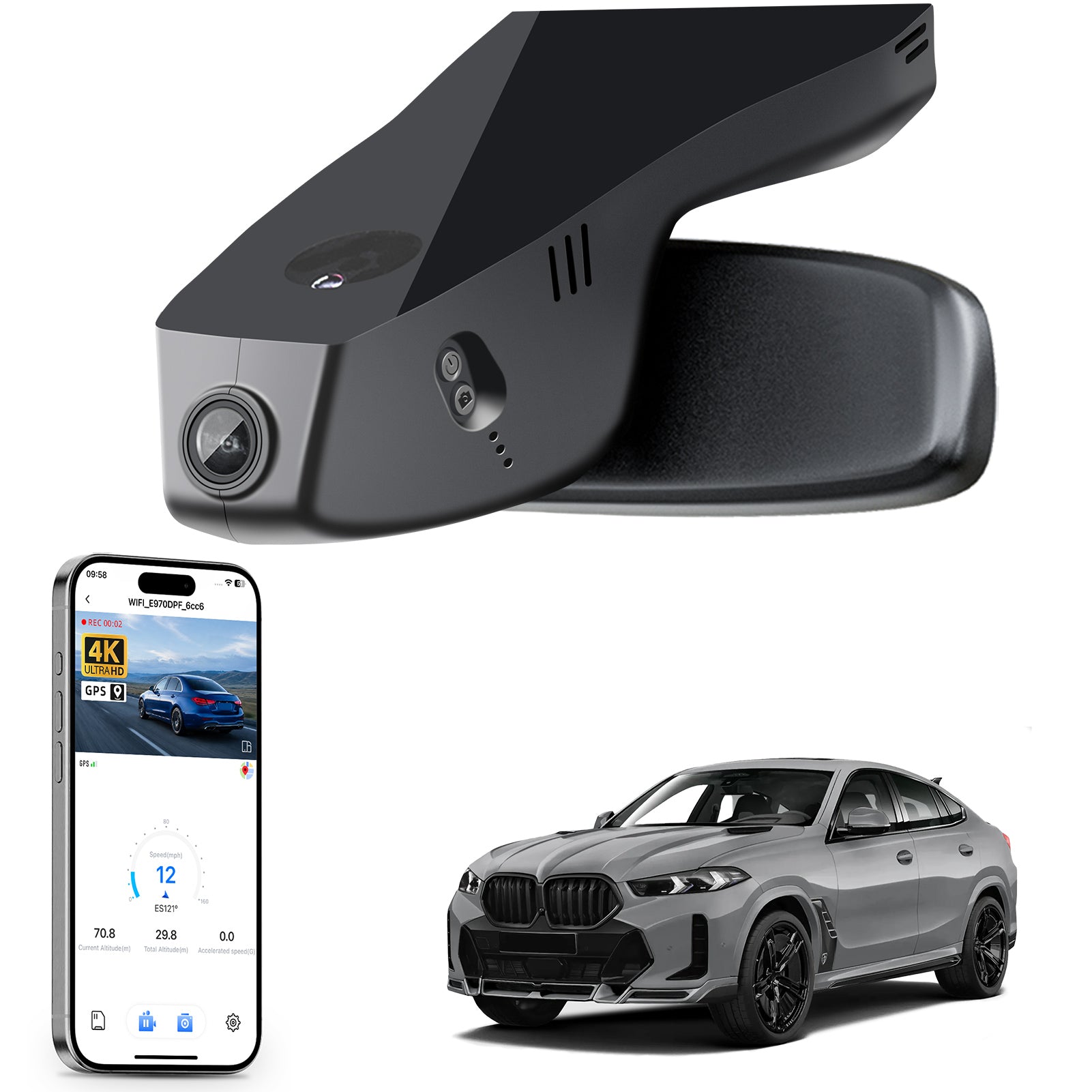 Mangoal rearview mirror built-in dash cam with smartphone app control, 4K Ultra HD recording, GPS tracking, and BMW X6 Gen3 models in the background.