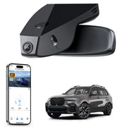 Mangoal rearview mirror built-in dash cam with smartphone app control, 4K Ultra HD recording, GPS tracking, and BMW X7 Gen1 models in the background.