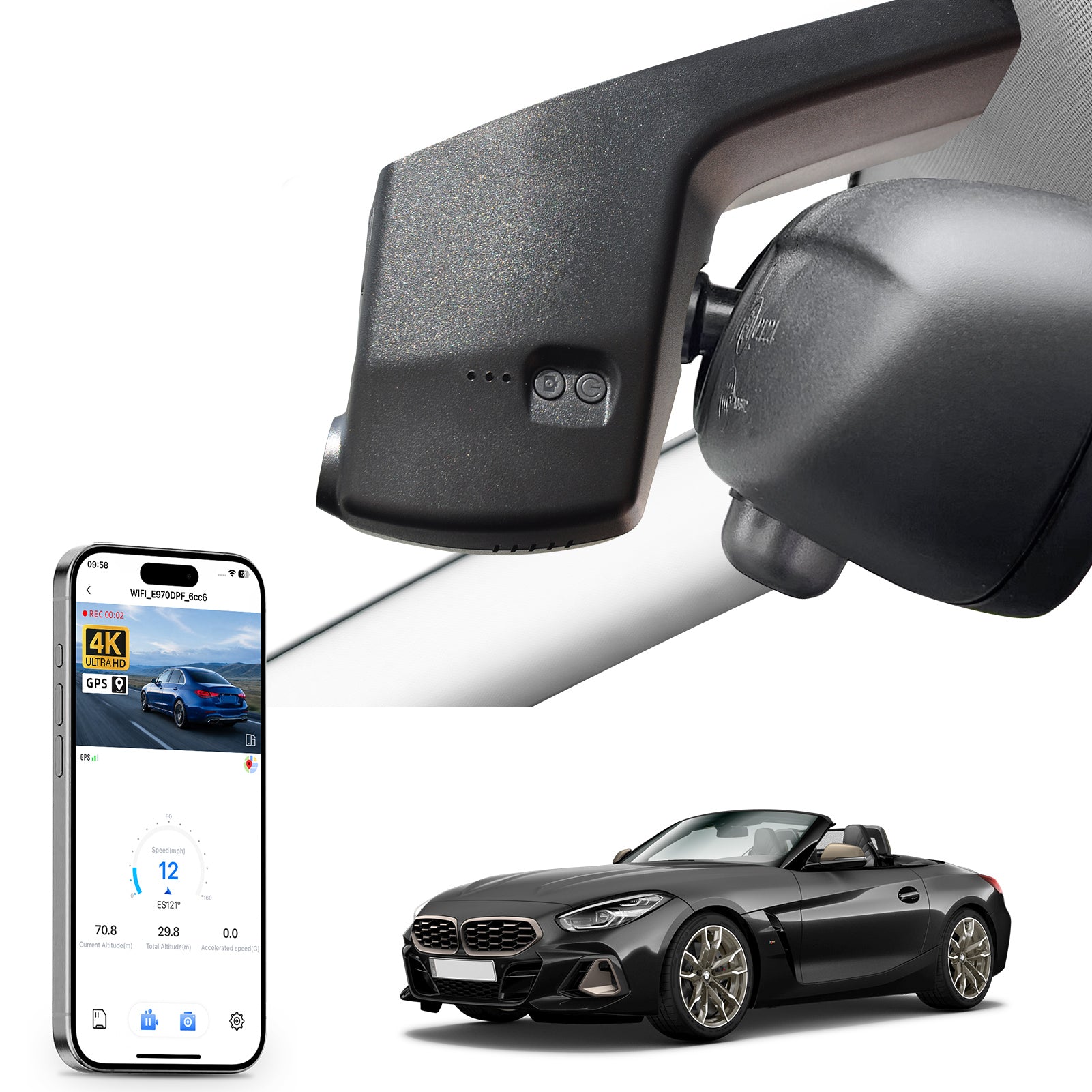 Mangoal rearview mirror built-in dash cam with smartphone app control, 4K Ultra HD recording, GPS tracking, and BMW Z4 models in the background.