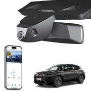 Mangoal rearview mirror built-in dash cam with smartphone app control, 4K Ultra HD recording, GPS tracking, and BMW iX models in the background.