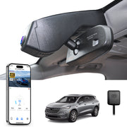 Mangoal rearview mirror built-in dash cam with smartphone app control, 4K Ultra HD recording, GPS tracking, and Buick Enclave models in the background.