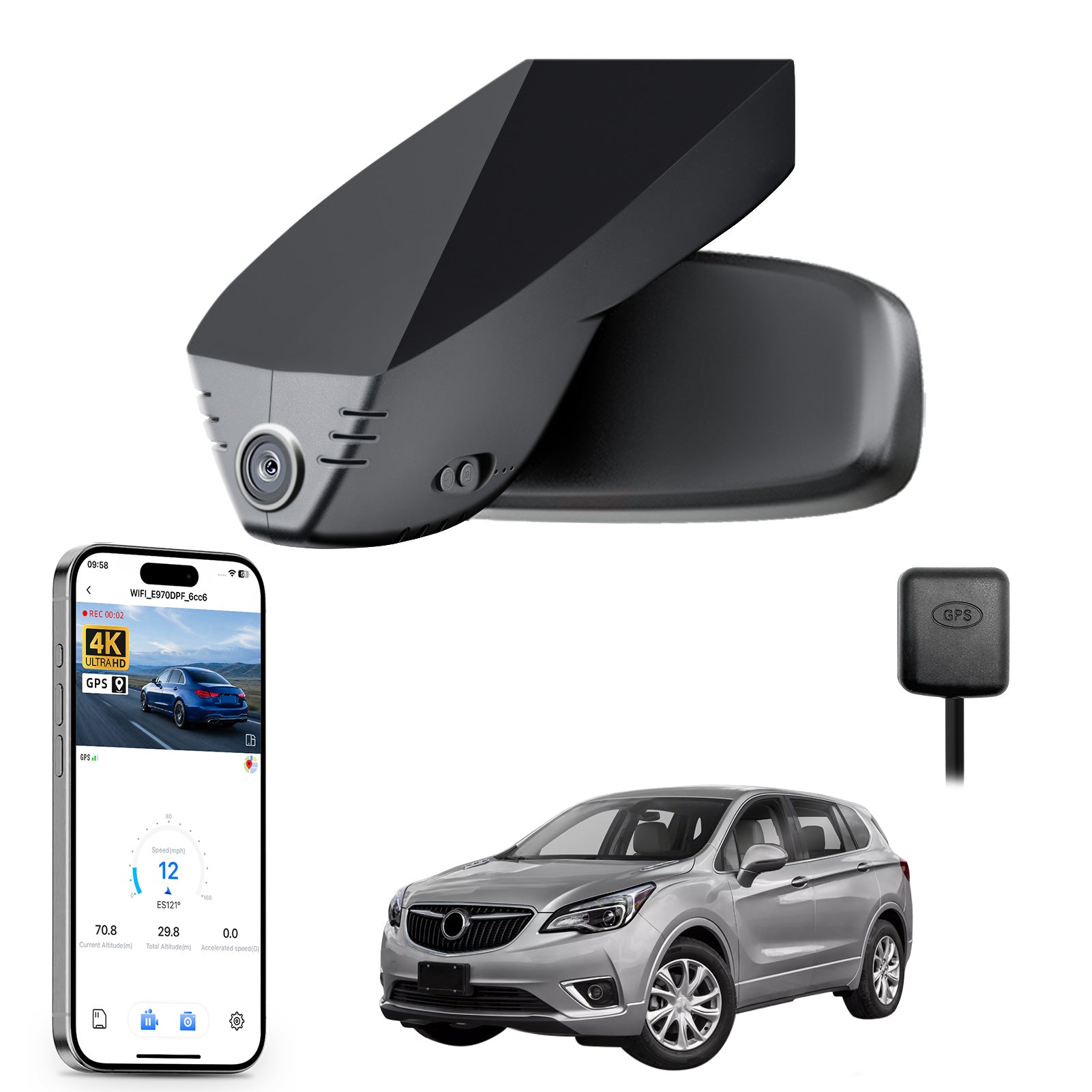 Mangoal rearview mirror built-in dash cam with smartphone app control, 4K Ultra HD recording, GPS tracking, and Buick Envision models in the background.