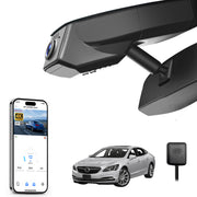 Mangoal rearview mirror built-in dash cam with smartphone app control, 4K Ultra HD recording, GPS tracking, and Buick Lacrosse models in the background.