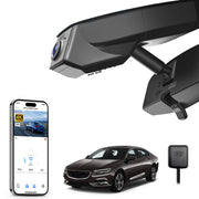 Mangoal rearview mirror built-in dash cam with smartphone app control, 4K Ultra HD recording, GPS tracking, and Buick Regal models in the background.
