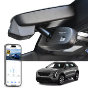 Mangoal rearview mirror built-in dash cam with smartphone app control, 4K Ultra HD recording, GPS tracking, and Cadillac XT4 models in the background.