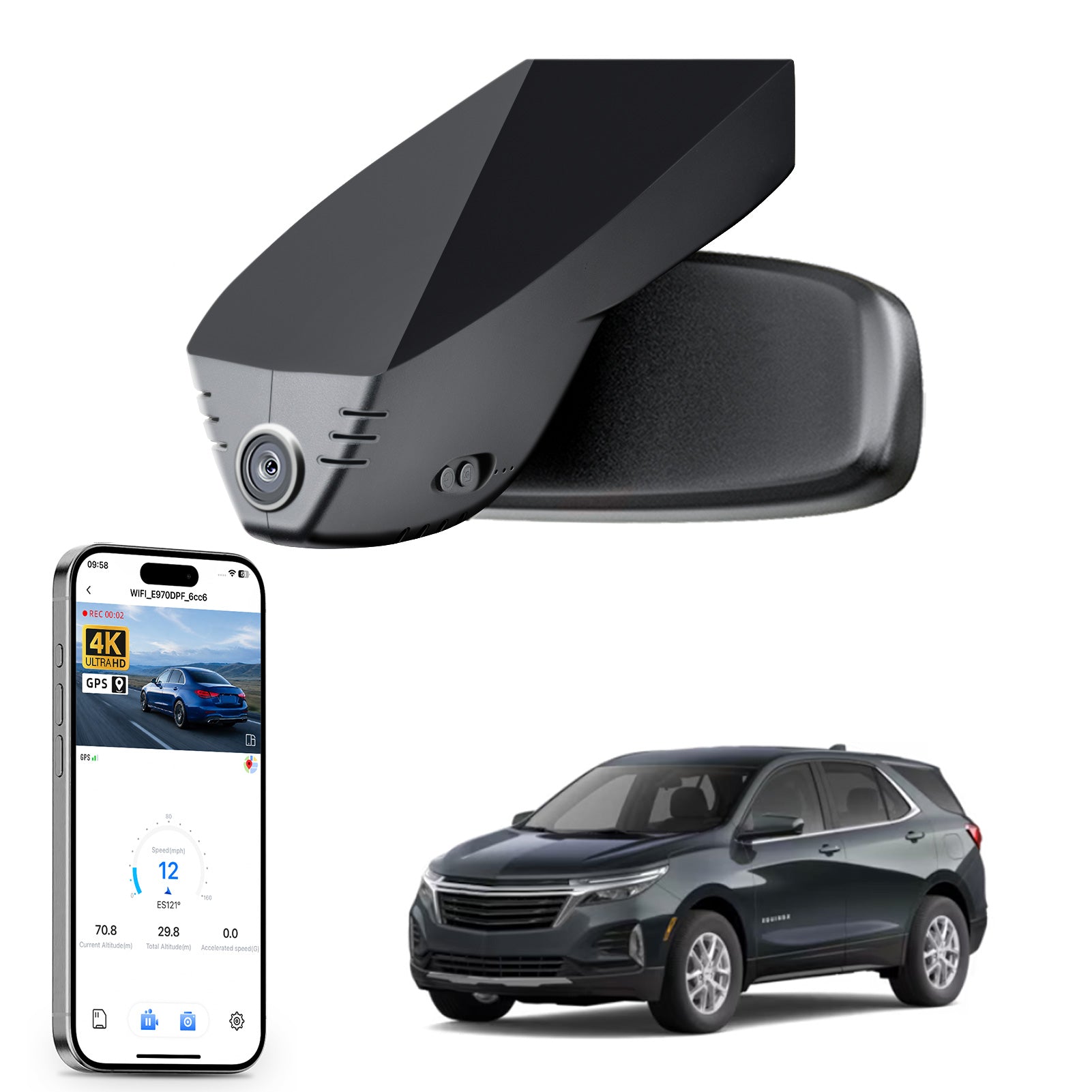 Mangoal rearview mirror built-in dash cam with smartphone app control, 4K Ultra HD recording, GPS tracking, and Chevy Equinox models in the background.
