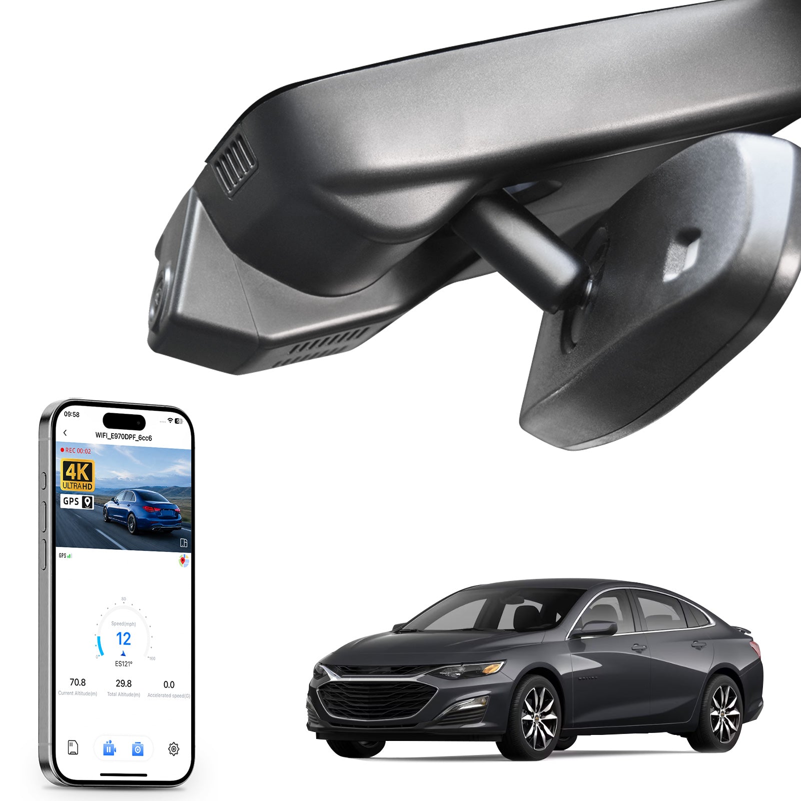 Mangoal rearview mirror built-in dash cam with smartphone app control, 4K Ultra HD recording, GPS tracking, and Chevy Malibu models in the background.