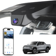 Mangoal rearview mirror built-in dash cam with smartphone app control, 4K Ultra HD recording, GPS tracking, and Chevy Silverado EV models in the background.