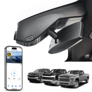 Mangoal rearview mirror built-in dash cam with smartphone app control, 4K Ultra HD recording, GPS tracking, and Chevy Silverado models in the background.