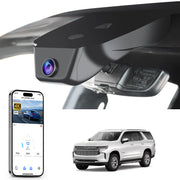 Mangoal rearview mirror built-in dash cam with smartphone app control, 4K Ultra HD recording, GPS tracking, and Chevy Suburban Tahoe models in the background.