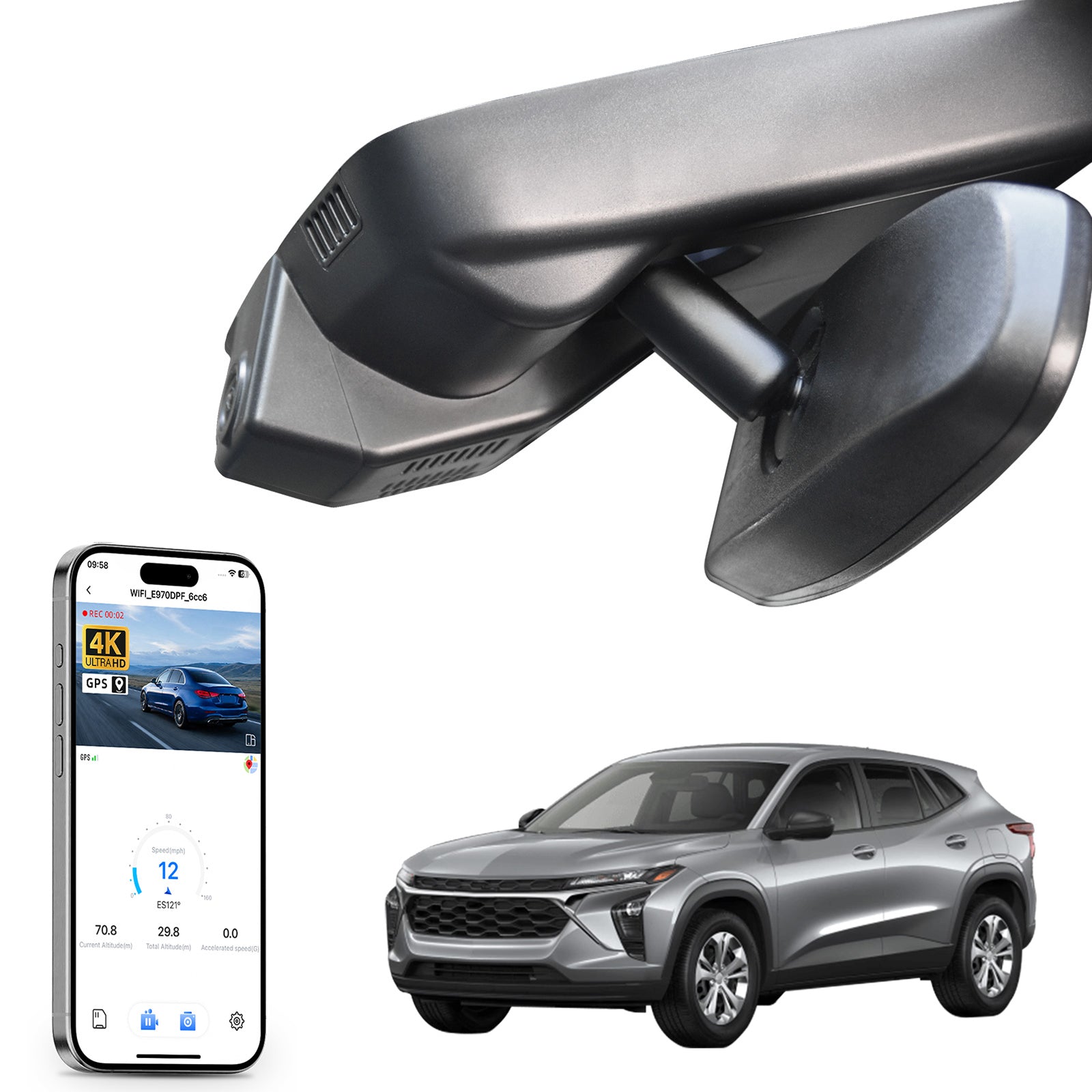 Mangoal rearview mirror built-in dash cam with smartphone app control, 4K Ultra HD recording, GPS tracking, and Chevy Trax models in the background.
