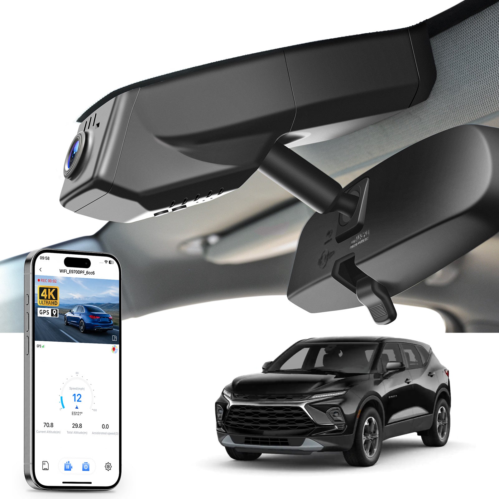 
Mangoal rearview mirror built-in dash cam with smartphone app control, 4K Ultra HD recording, GPS tracking, and Chevy Colorado models in the background.