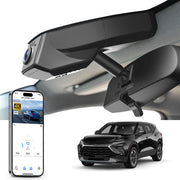 
Mangoal rearview mirror built-in dash cam with smartphone app control, 4K Ultra HD recording, GPS tracking, and Chevy Colorado models in the background.