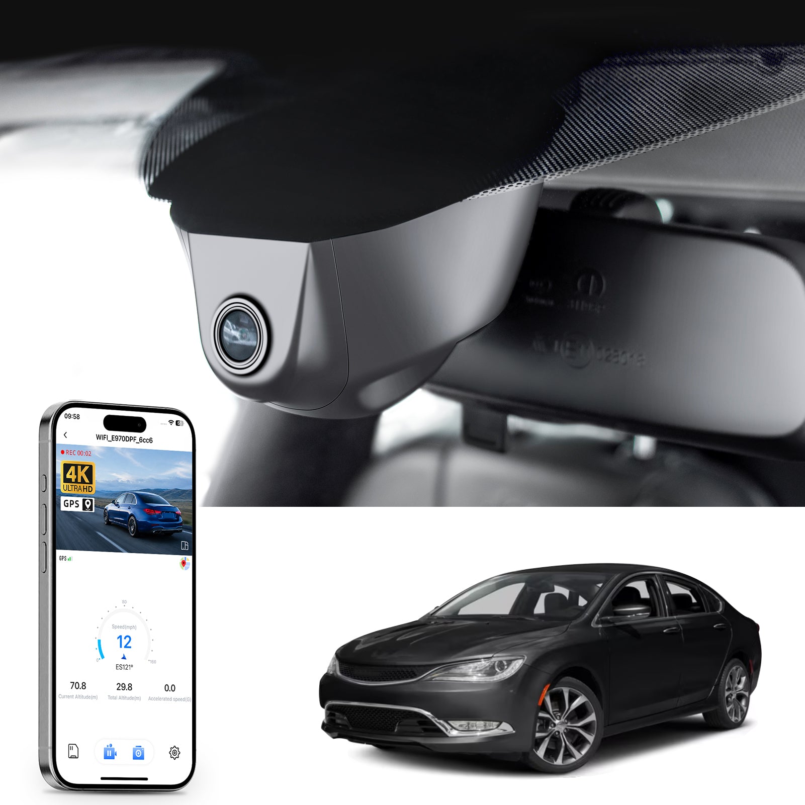 Mangoal rearview mirror built-in dash cam with smartphone app control, 4K Ultra HD recording, GPS tracking, and Chrysler 200 models in the background.