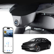 Mangoal rearview mirror built-in dash cam with smartphone app control, 4K Ultra HD recording, GPS tracking, and Chrysler 200 models in the background.