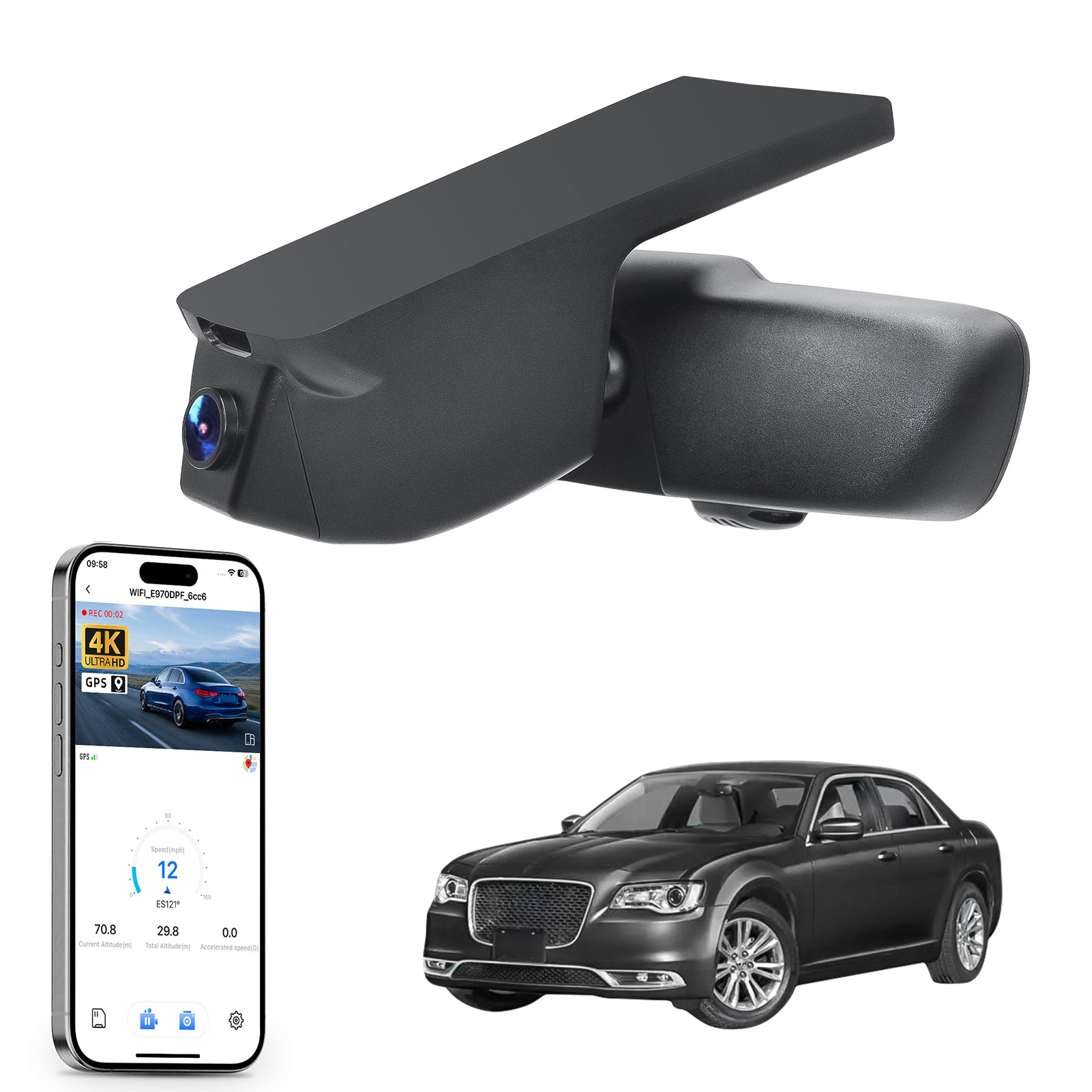 Mangoal rearview mirror built-in dash cam with smartphone app control, 4K Ultra HD recording, GPS tracking, and Chrysler 300 models in the background.